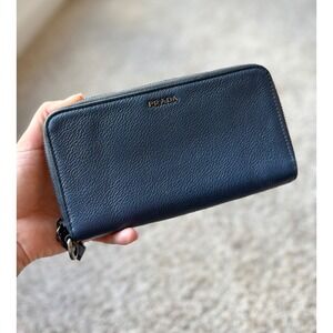 Authentic‎ Prada Zip-Around Wallet Blue Pebbled Leather Made in Italy Classic